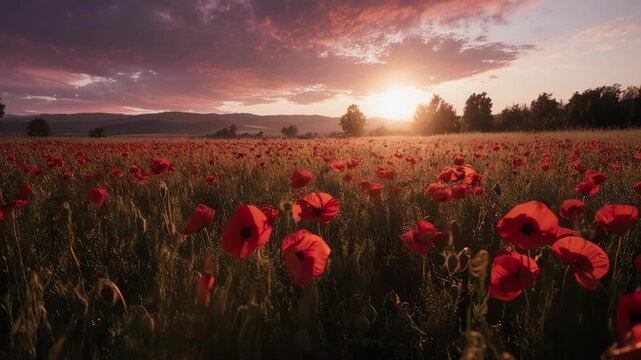 Vibrant poppy field under a stunning sunset sky