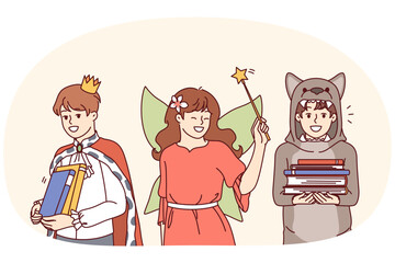 Children in carnival costumes hold books imagining themselves as characters from fairy tales and fantasy literature. Happy childhood for boys and girls participating in festive carnival