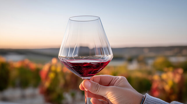 Faceless POV shot: holding a large crystal glass of deep red Bordeaux against a soft sunset light on a vineyard terrace, "wine legs" visible on the glass, wine tasting ritual, shar