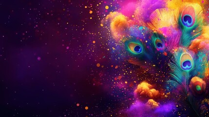 Happy Holi background, indian festival of colors. Traditional gulal powders, peacock feather,  and festive spiritual harmony
