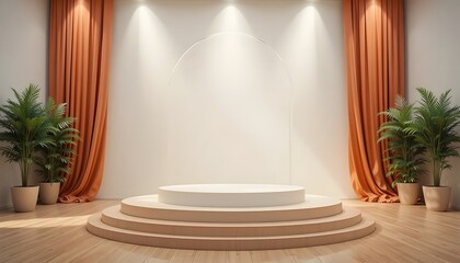 Elegant Stage with Podium and Decorative Curtains in Modern Setting