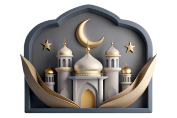 Elegant stylized Islamic architecture with domed mosques, crescent moon motifs, and ornate arch frames, rich in sacred symbolism and festive charm for cultural, religious, or holiday design projects.