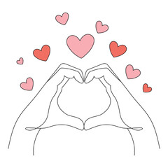 A single line drawing of hands forming a heart sign or symbol with their fingers. Editable outline.