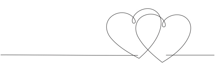 A continuous line drawing of two hearts. Wavy line art of a double heart. Concept of a love relationship. Vector illustration, editable line art.
