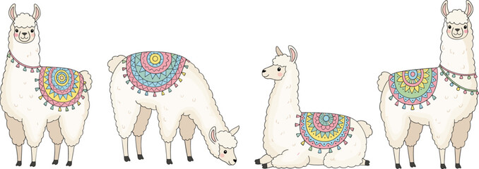 Obraz premium Decorated llama animal set with colorful blanket patterns, cute cartoon vector illustration isolated on white