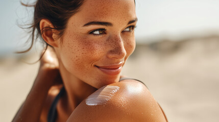 Faceless young woman applying sun cream sunscreen on tanned shoulder, skin protection stock photo, sunny day beach care, SPF lotion, UV defense, defocused sand background, with cop