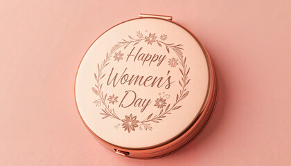 Cosmetic compact with "Happy Women&rsquo;s Day" message on pink background