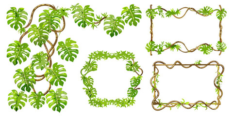 Hand-drawn tropical leaf borders and frames with hanging vines, monstera leaves, and twisting roots, cartoon style, high detail, bright green palette