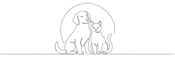 Fototapeta premium A continuous line drawing of a cat and dog sitting together. A decorative line art logo for a pet store or veterinary clinic. Editable vector illustration.