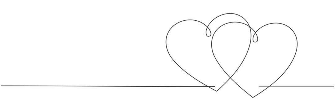A continuous line drawing of two hearts. Wavy line art of a double heart. Concept of a love relationship. Vector illustration, editable line art.