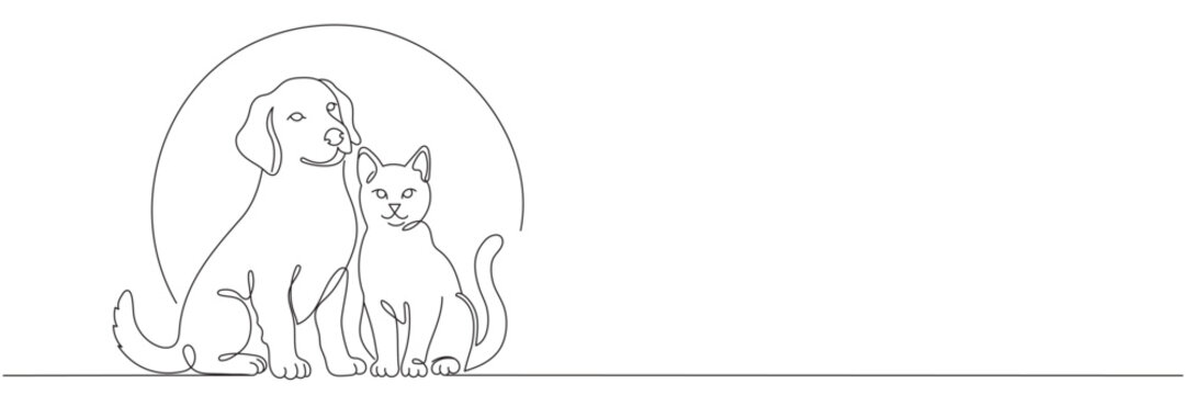 A continuous line drawing of a cat and dog sitting together. A decorative line art logo for a pet store or veterinary clinic. Editable vector illustration.