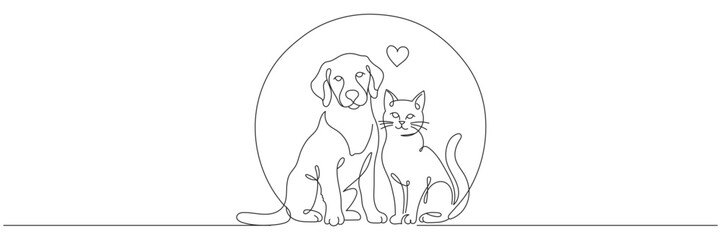 A continuous line drawing of a cat and dog sitting together. A decorative line art logo for a pet store or veterinary clinic. Editable vector illustration.