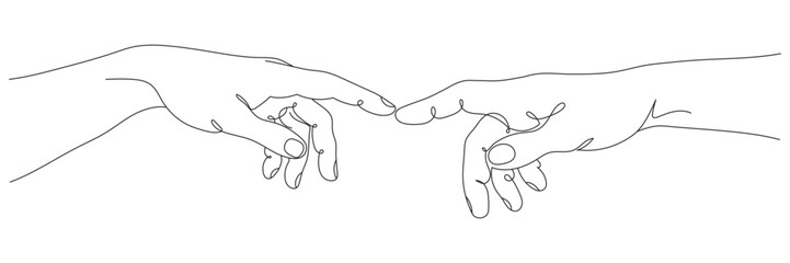 A continuous line drawing of hands reaching out to each other. Concept of human relationships. Editable line.