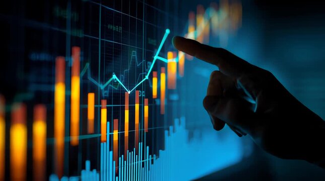 Financial Data Analysis Stock Video: Hand Touching Rising Graph Chart Showing Business Growth Investment Success Market Trends Future Predictions Analytics Report Digital Finance Technology