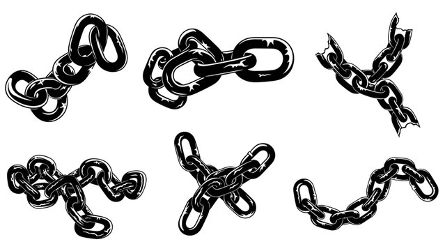 Set of six hand-drawn metal chains in various configurations, black and white sketch style.