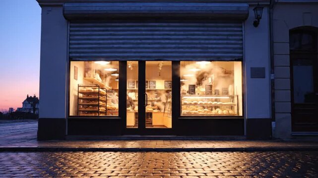 Quiet Urban Morning with Closed Rolling Garage Door and Soft Light Glowing from the Bottom of the Door