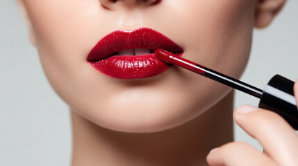 Closeup faceless woman applying red lip gloss lipstick, makeup application stock photo, lip color enhancement, beauty routine, cosmetic product, defocused background, with copy spa