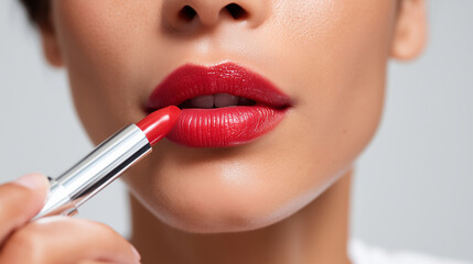 Closeup faceless woman applying red lip gloss lipstick, makeup application stock photo, lip color enhancement, beauty routine, cosmetic product, defocused background, with copy spa