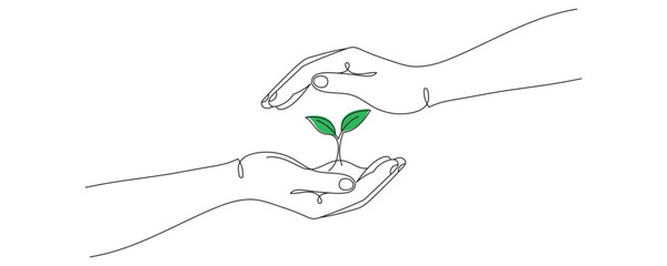 One-line drawing of hands holding growing seedlings. One-line illustration of hands holding a leaf. Vector graphics, editable line art.