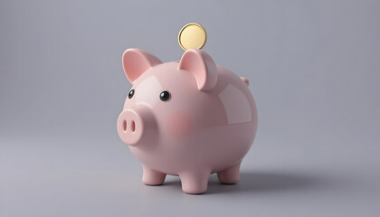 Cute pink piggy bank with a shiny gold coin on a neutral background