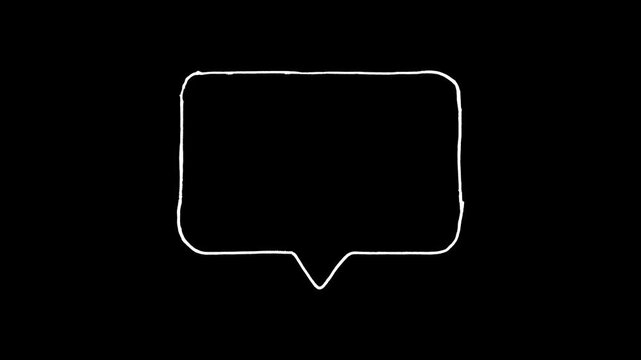 Hand drawn chat box animation, white doodle speech bubble on black background, rectangular message element motion graphics, minimalist communication icon, sketchy social media sign.
