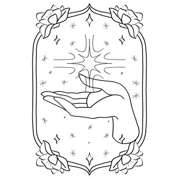 Mystic Healing Hand with Vibrant Ornaments - Spiritual Energy Transmission Symbol - Abstract Magical Hand Line Art