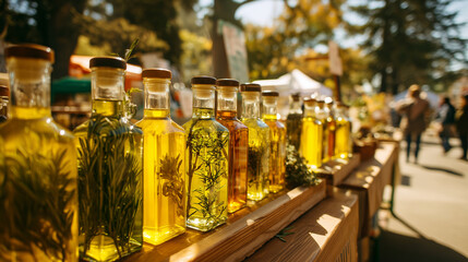 Farmers market showcasing handmade oils and herbs during sunny afternoon, artisan goods stock photo, local produce display, natural products, shoppers browsing, inviting atmosphere