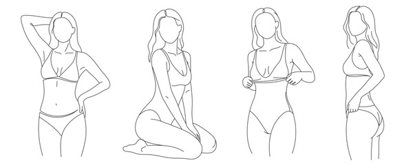 A set of line drawings of a female body in a swimsuit. Vector minimalist design. Editable line