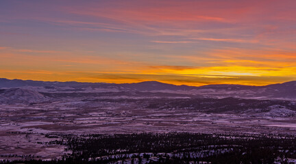 Aerial view of the Montana mountains near Helena at sunset in December