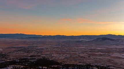 Aerial view of the Montana mountains near Helena at sunset in December