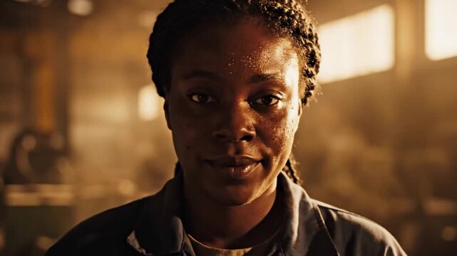 Close-Up Portrait of a Thoughtful Woman with Braids in a Dimly Lit Industrial Setting