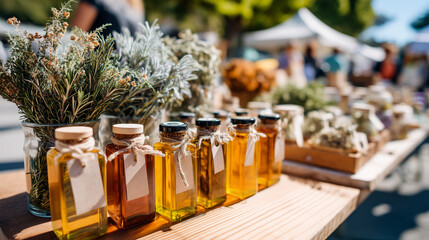 Farmers market showcasing handmade oils and herbs during sunny afternoon, artisan goods stock photo, local produce display, natural products, shoppers browsing, inviting atmosphere