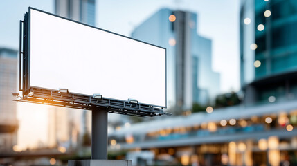 Blank billboard advertisement space near modern building, outdoor marketing stock photo, commercial signage, promotional display, advertising real estate, urban location, defocused