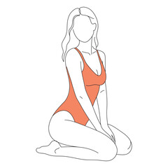 Line drawings of a female body in a swimsuit. Vector minimalist design. Editable line art