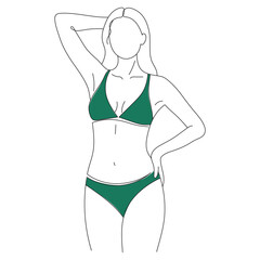 Line drawings of a female body in a swimsuit. Vector minimalist design. Editable line art