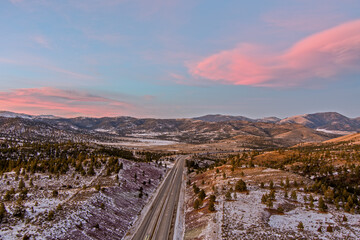 Aerial view of the Montana mountains near Helena at sunset in December