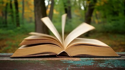 Open book on a rustic wooden bench in a forest with autumn foliage background, symbolizing outdoor learning or reading - Powered by Adobe
