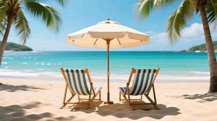 Obraz premium Tropical beach scene with two beach chairs and umbrella