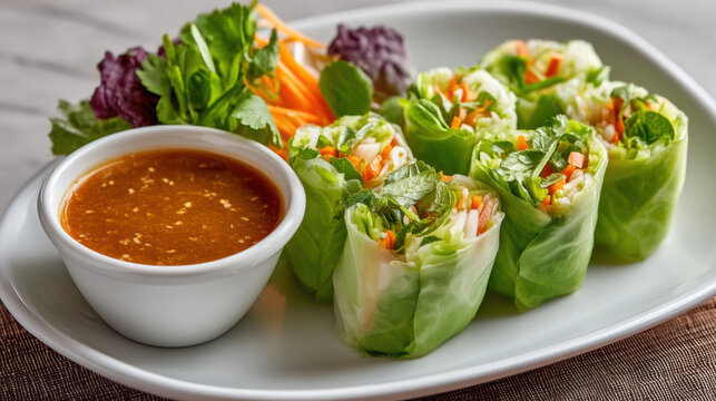 Fresh vegetarian spring roll with lettuce carrot mint and rice paper served with peanut dipping sauce on white plate