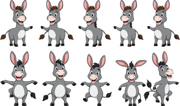 Funny cartoon donkey character set with playful dancing poses, cute farm animal vector illustration collection isolated white