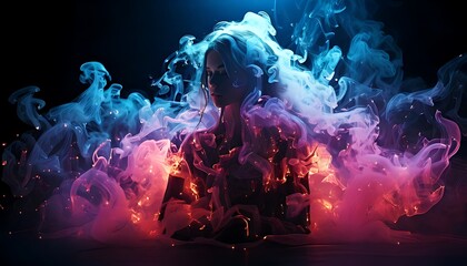 Ethereal Female Portrait Immersed in Neon Blue and Pink Smoke. Abstract Dark Fantasy Concept with Glowing Particles.