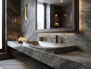 Luxurious bathroom vanity area features dark natural stone surfaces and warm accent lighting