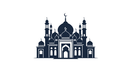Obraz premium Detailed black silhouette of a large mosque with multiple domes and minarets against a white background.