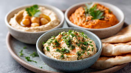 Vegetarian dip platter with creamy hummus, spicy red pepper dip, fresh herbs, and pita bread, perfect for sharing and healthy snacking