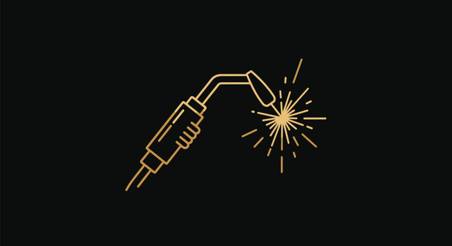 Golden line icon of a welding torch with bright sparks flying off the tip against a solid black background.