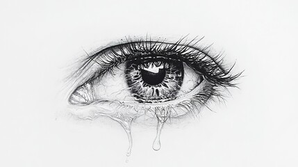 Tears of Empathy: A close-up monochrome depiction of an eye, exquisitely detailed, with tears of sorrow rolling down, evoking a profound sense of empathy.
