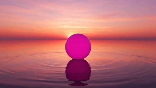 Pink sphere floating on water with sunset background reflecting