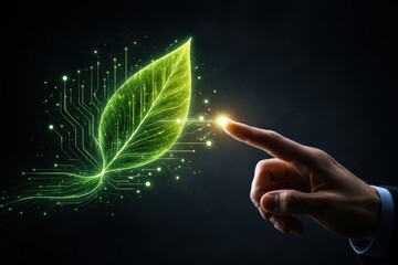Sustainable business perspective strategies concept. Digital leaf concept with hand and technology elements.