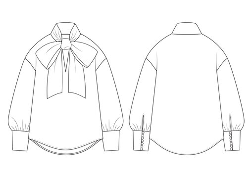 Vector fashion technical drawing of a loose long sleeve top with front bow. Front and back view. Loose fit. Low neckline. Baloon sleeves. Fabric covered buttons. Woven fabric.