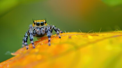 This macro photograph captures a delightful jumping spider perched on a vibrant leaf, showcasing its intricate details and colors that inspire fascination and curiosity about nature.
